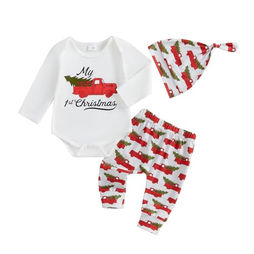 Image of BemeyourBBs Newborn Baby Boy Christmas Outfit My 1st Christmas Romper Pants Set with Hat 3 Piece Infant Boy Winter Clothes