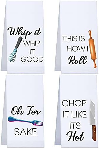 Patelai 4 Pieces Funny Kitchen Towels Dish Towels with Funny Saying Cute Decorative Dishcloths Sets Fun Dish Towels for Housewarming Present Home Kitchen Tools, 16 x 24 Inch