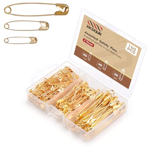 XKDOUS Safety Pins - 150 Pcs Assorted Sizes Gold Pins Bulk - Small & Large Heavy Duty for Clothes Sewing Craft