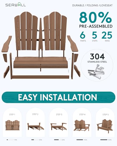 Image of SERWALL HDPE All-Weather Folding Adirondack Bench Set of 2, Brown