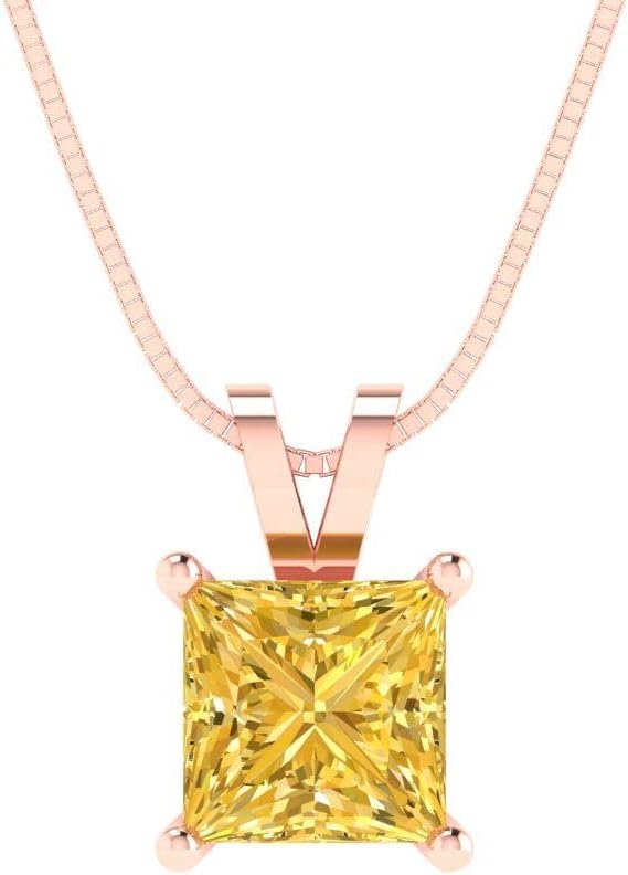 Clara Pucci 14K Rose Gold Plated Solitaire 18" Box-Chain Necklace - Sterling Silver 1.5ct Princess Cut Citrine Pendant