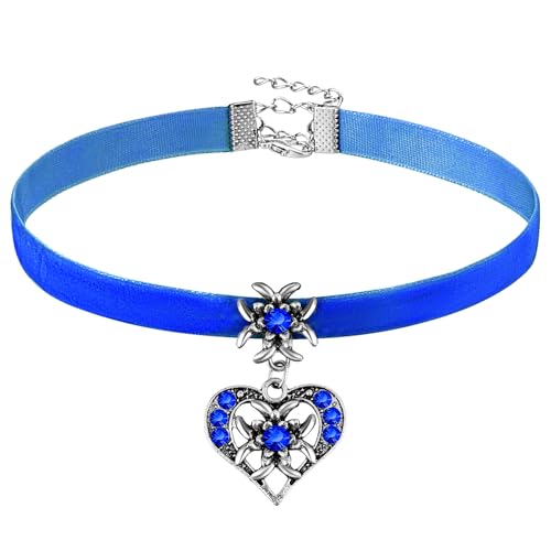 Herdear Bierfest Damen Trachtenkette Herz Edelweiß Halskette Elegantes Kropfband mit Strasssteinen Herz und Edelweiß Anhänger(Königsblau)