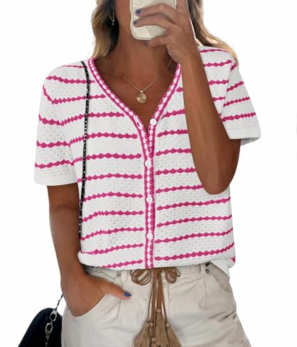 Image of NALANISA Women's Short Sleeve Sweater Spring Summer Crochet Knit Tops 2026 V Neck Striped Button Down Dressy Casual Blouses
