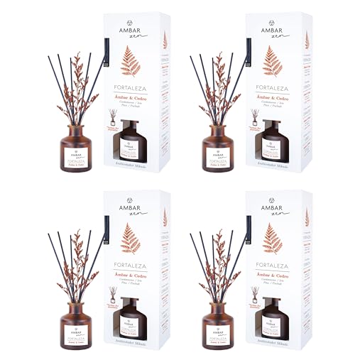 Pack de 4 Mikados Ámbar Zen - Mikado en Varillas -Ambientador en Varillas - Difusores Aromáticos con Fragancias de Ámbar, Cedro, Cardamomo, Iris, Pino y Pachulí con Flor Decorativa Relajante 40 ml