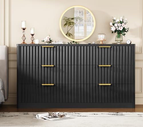 Image of TEENFON Fluted 6 Drawer Dresser for Bedroom, Wide Modern Chest of Drawers with Metal Handle, Curved Profile Design, Wood Closet Clothes Storage Organizer for Bedroom, Living Room, Hallway, Black