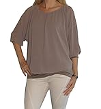 longblusen Freizeit Am Laufsteg Weit geschnittene Langarm-Chiffon-Bluse, Rundhals-Ausschnitt, Uni-Größe - passt von Gr. 36 bis 44,Dunkelbeige