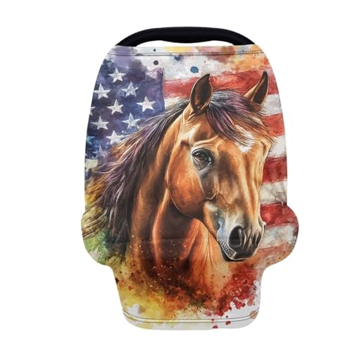 Image of Belidome American Flag Horse Carseat Cover for Baby Breathable Elastic Carrier Cover Breastfeeding Scarf
