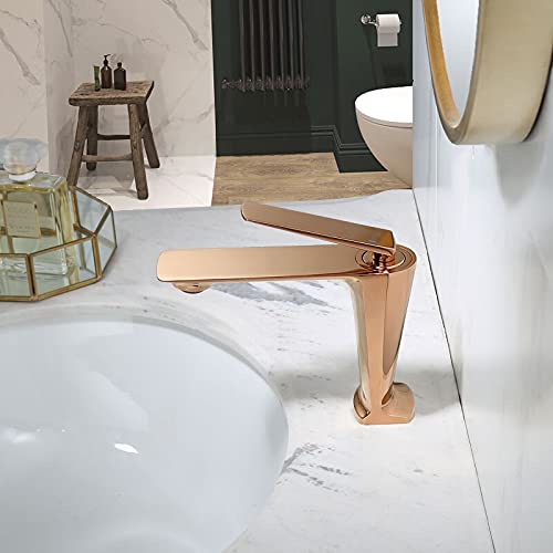 Robinet de lavabo de salle de bain en or rose, mitigeur monocommande eau chaude froide
