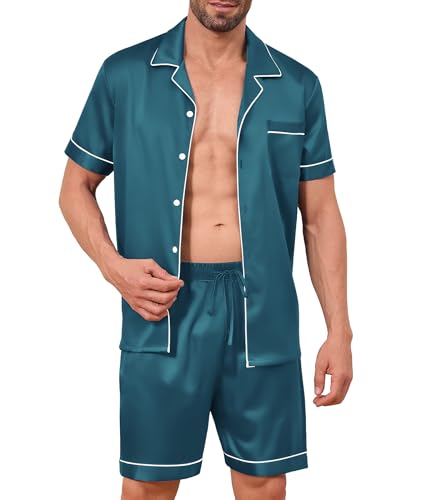 Elainone Ensemble pyjama en soie satinée pour homme - Manches courtes - Deux pièces - Vêtement de détente avec boutons et poches, Vert océan., S