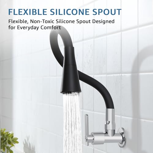 Image of Amazon Basics Kitchen Sink Tap | Wall Mount | Flexible Silicone Spout | 15mm (1 /2 BSP) | Chrome Finish - Black | 54 x 10 x 2.5 cm