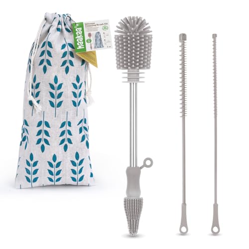 Image of Haakaa Baby Bottle Brush Kit -Silicone Cleaning Brush for Breast Pump,Nipple,Breast Milk Storage Bag,Reusable Straw,Sippy Cup - Food Grade Silicone Bristles, Portable -3 Pcs - Light Gray