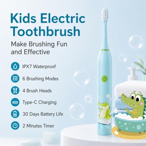 Image of Sonic Electric Toothbrush for Kids with 6 Modes, 4 Brush Heads & Rechargeable Battery, Ultra Soft Nylon Bristles, IPX7 Waterproof, Electric Power Tooth brush (Blue)