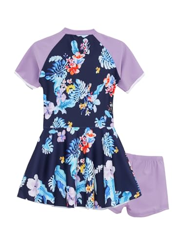 Kids Girls Rash Guard Swimsuit Striped/Floral Short Sleeve Swim Dress with Bottoms Beach Bathing Suit4