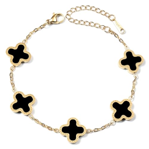 Gold Plated Jewelry Bracelet for Women Van Cleef Non Tarnish Bracelet Leaf Clover Charm Flower Bracelet for Women Trendy (Black)