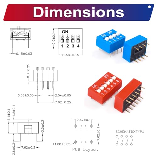 Jtsineru JTS-0731-NEW-RED-BLUE-DIP Jtsneru Dual Row Dip Switch Assorted Kit 2.54Mm Pitch 1P 2P 3P 4P 5P 6P 7P 8P 9P 10P Red & Blue On Off Dip Switches For Pcb Mount Breadboard Circuit  thumb #4