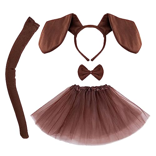 MIVAIUN 4 piezas Juego disfraz cachorro para perro que incluye falda de tutú de animal,diadema, pajarita, cola para niños pequeños,Halloween, accesorios de disfraces cumpleaños (Marrón)