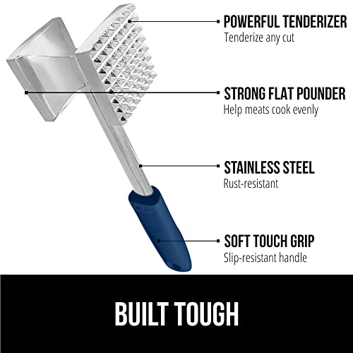Gorilla Grip Stainless Steel Box Grater And Meat Tenderizer, 4-Sided Xl Cheese Graters With Handle Size 10 Inch, Spiked Side Meat Tenderizer, Both In Blue Color, 2 Item Bundle #TOP5