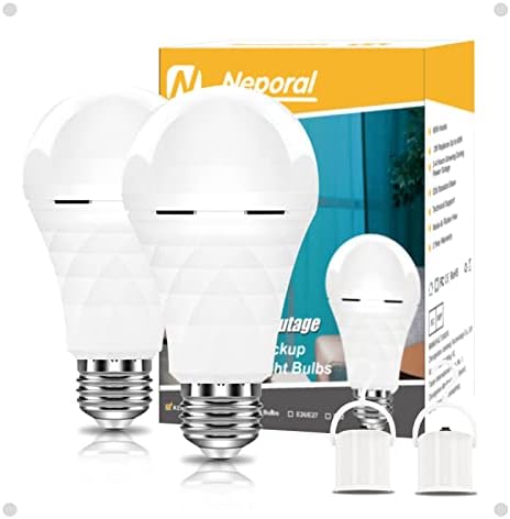 Neporal A19 Rechargeable Light Bulbs, Socket Rechargeable Emergency Light Bulb for Power Failure, 1200mAh Battery Backup Light Bulbs for Home, Hurricane, Led Bulb 60 Watt Equiv. (Daylight-2 PK)