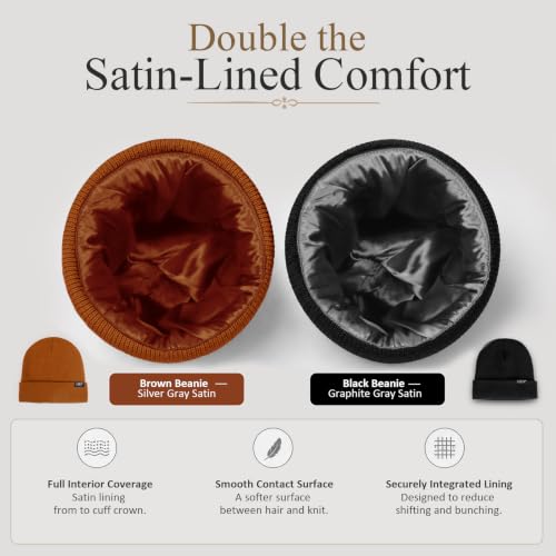 Image of 2 Pack Satin Lined Beanies for Men and Women Warm Cuffed Winter Hats