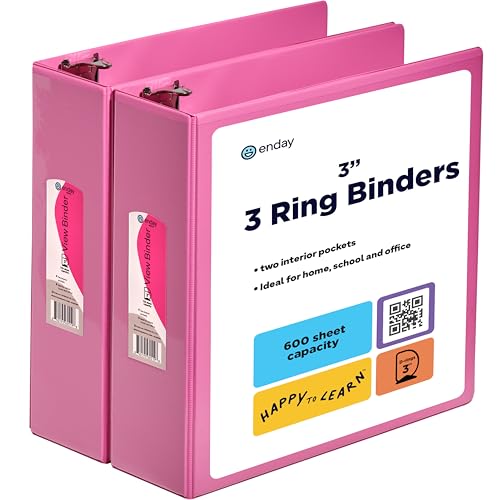 3 Inch Binder (2 Pack) Pink 3 Ring Binder 3 inch, Clear View Cover with 2 Inside Pockets, Three Ring Binders for Home, Office and School Supplies - Enday