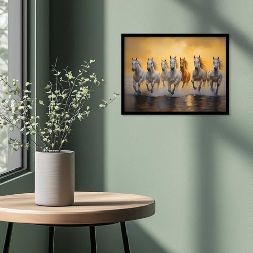 Image of HOTHOUSE Seven Running Vastu Lucky Horse | 7 Horses Vastu Frame Wall Art Painting for Living Room Bedroom Office Home Decor Rising Sun Painting Wall Decor Size (19X25 inch)