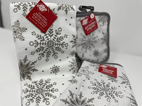 Greenbri Silver Snowflake Kitchen Set: Includes 1 Microfiber Kitchen Towel, 2 Potholders, 1 Oven Mitt #TOP3