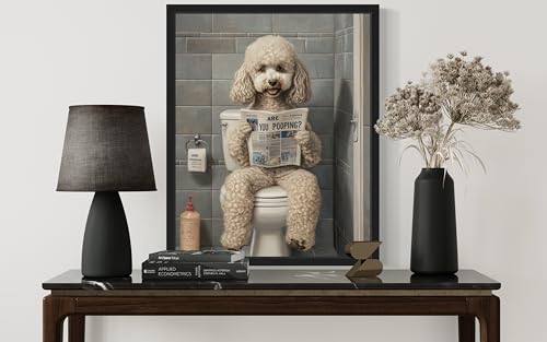 Image of Poodle White on Toilet Black Framed Wall Art Print Poster, Dog Bathroom Humor Decor Posters Prints for Restroom Home Picture Painting Artwork Gallery 7 (Poodle White, 10 inchL x 8 inchW, Black Frame)