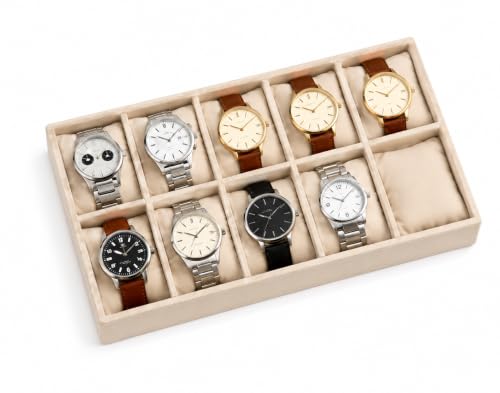 Image of 10 Slot Watch Organizer Tray for Watches, Cream | Tray keeps watches, smartwatches, bracelets and accessories arranged neatly in wardrobe, closet, dresser or dressing table