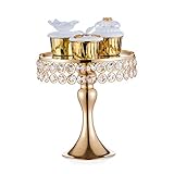 NUPTIO Wedding Metal Cake Display Stand with Mirror Top Plate 8 inches Diameter Beaded Crystal Metal Cake Pedestal, Snack Tray, Baking Party Supplies Centerpiece