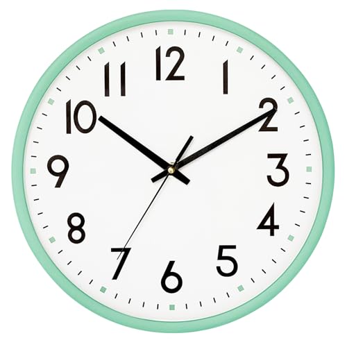 HZDHCLH Horloge murale à quartz silencieuse de 25,4 cm sans tic-tac, horloge décorative moderne pour bureau, salle de classe, maison, salon, chambre à coucher (cadre vert)