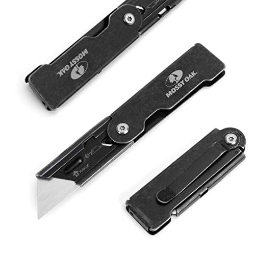 Mossy Oak 2-Pack Folding Pocket Utility Knife Set, Quick Change Box Cutter With Frame Lock, Edc Foldable Razor Knife With Belt Clip, Stone Washed #TOP6