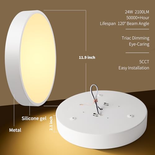 Image of Flush Mount Ceiling Light Fixtures White LED Dimmable 5CCT 12In 24W 2Pack