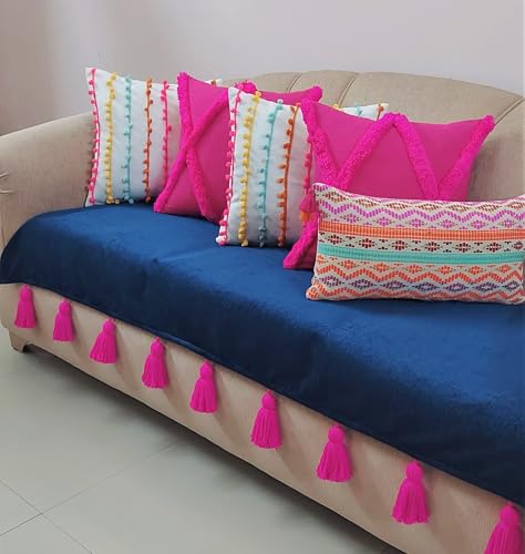 Throw Pillow Navy Blue Sofa Cover with Pink Tassels Regular Shape Sofa Cover (2+2+1 Seater) OS