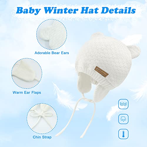 Baby Toddler Winter Beanie Warm Boys Girls Earflap Hat Infant Knit Caps Cute Bear Soft Cotton Lining For 0-36M (White, S(0-6M)) #TOP3