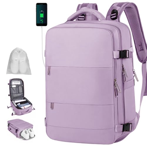 Travel Backpack, Waterproof Backpack, 31.5 L, with USB Charging Port, 10 Shoes Pockets and Compartment for 15.6 Inch Laptop, Ideal for Traveling by Airplane, Unisex(Purple)