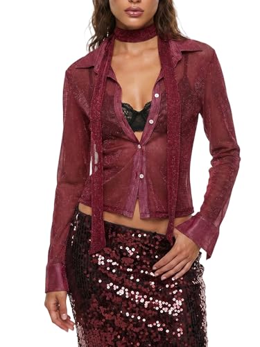 Image of SANSIWU Women's Sparkly Sheer Mesh Button-Up Shirt Long Sleeve See Through Shiny Blouse Sexy Concert Club Party Top with Scarf Tie (A-Wine Red, S)