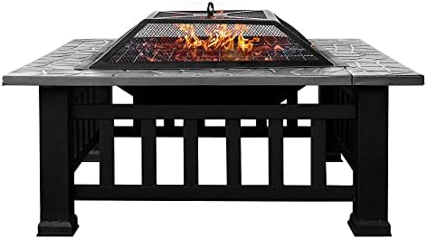 Versatile Fire Pit Table 32" 3 in 1 Metal Square Patio Fire Pit Table BBQ Garden Stove with Spark Screen, Lid, Log Grate and Poker for Heating, Grilling and Cooling Drinks