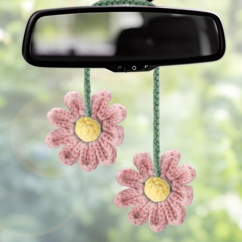2 PCS Crochet Daisy Car Accessories for Women, Car Rearview Mirror Hanging Accessories, Handmade Cute Cars Accessory for Women Aesthetic, Girly Pink Crochet Flowers Cars Decor (Pink)