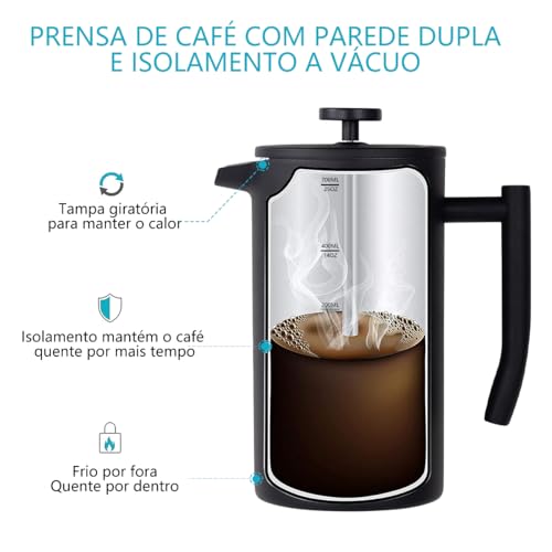 Cafeteira de Prensa Francesa de Aço Inoxidável de 700 ml com Filtro de 4 Estágios e Isolamento Duplo