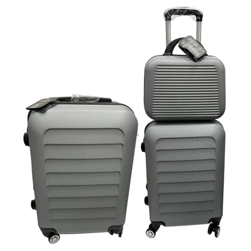 Kit 3 Malas de Viagem 23kg, 10Kg e Frasqueira 14 Polegadas Bolsa de Mão c/Trava de Senha FIbra Rígida ABS (Prata)