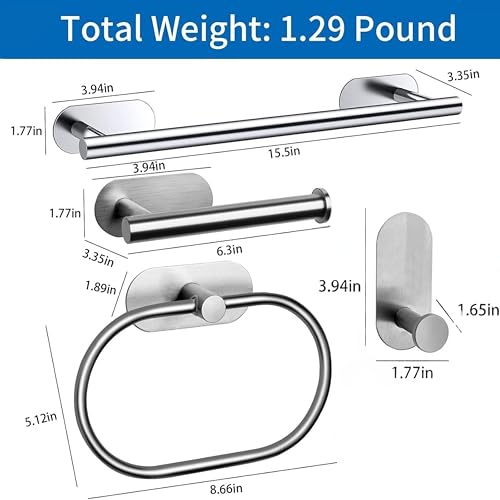 Image of JIALTO Bathroom Towel Holder | 4 Pcs Wall Mounted Bathroom Clothes Hanger with Adhesive Hooks | Towel Rod | Tissue Paper Holder | Bathroom Fittings Rod & Towel Stand (Silver, 4 - Pieces Set)