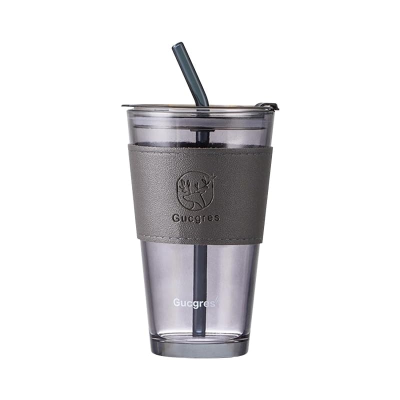 Image of Glass Tumbler with Lid & Straw - 450ml, Set of 1, Iced Coffee Cup, Clear Drinking Glass with Silicone Grip Sleeve, Leak-Resistant Lid, Travel Tumbler for Coffee, Tea, Smoothies & Office Use