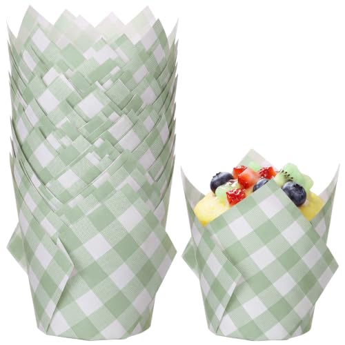Newtay 50 Pcs Sage Green Gingham Tulip Cupcake...