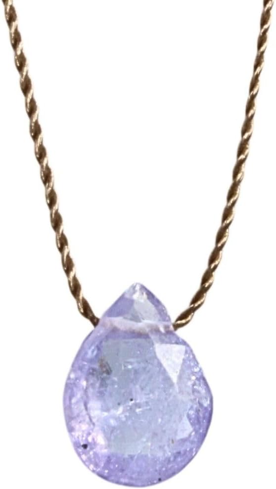 Luck Strings Tanzanite Silk Cord Necklace – Floating Briolette Crystal Minimalist Jewelry – Pear-Cut Gemstone Necklace with Sterling Silver or Gold-Filled Clasp