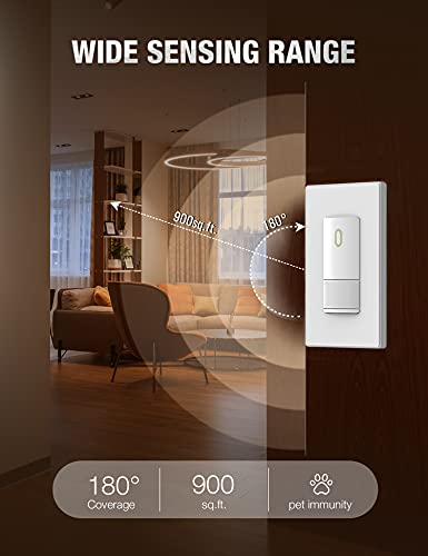 AIDA Motion Sensor Light Switch Occupancy Motion Activated Wall Switch, No Neutral Wire Needed, Ground Wire Required, Single Polefor CFL/LED/Incandescent Bulb, Included Wall Plate (2 Pack)
