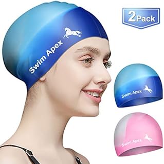 Swim Apex Swim Caps for Long Hair (2 Pack), Durable Silicone Swimming Caps for Women Men Adults Youths Kids, Easy to Put On and Off, Cover Ears