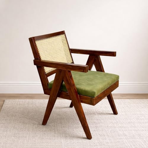 Image of Sainistree Furniture | Solid Sheesham Wood Rattan Armchair | Teak Brown Finish, Cane Back & Geen Upholstery | Mid-Century Modern Accent Chair for Living /Dining Room ((2+1+1) Bench and Chair Set)