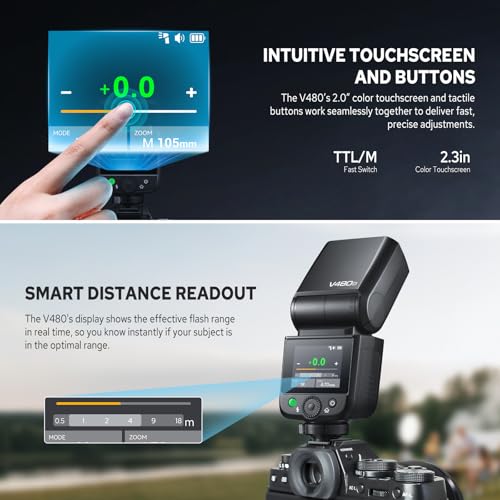 Godox V480 O V480-O TTL Flash for Olympus, 2.4G Wireless Speedlite Panasonic HSS 1/8000s, Li-ion Battery, 650 Full Power Flashes, 2.0” Color Touchscreen, Smart Distance Readout, 10 Level Modeling Lamp by GODOX - Image 3