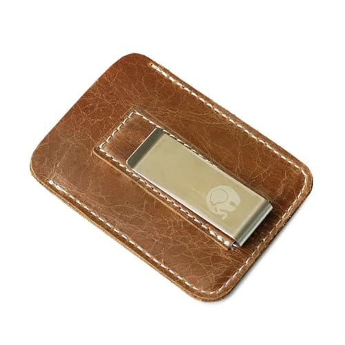 Men Credit Card Slot Slim Bills Metal Cash Clamp Thin Genuine Leather Money Clip Mini Wallet for Man Small Billfold Holder(Brown)