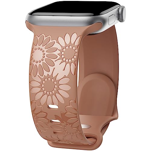 Image of Sunflower Engraved Band Compatible with Apple Watch Bands 38mm 40mm 41mm 42mm 44mm 45mm 49mm Women, Designer Soft Glossy Floral Silicone Strap for iWatch Series Ultra 11 10 9 8 7 6 SE 5 4 3 2 1